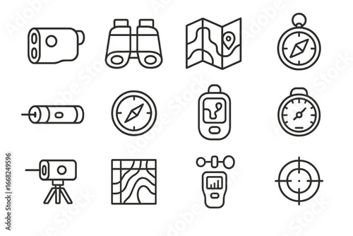 Outdoor Measurement Icon Set. Outline icon set of outdoor distance measuring devices: rangefinder, laser