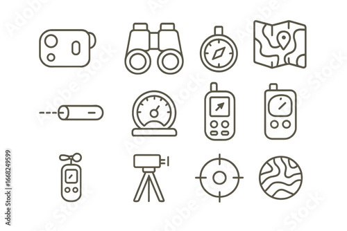 Outdoor Measurement Icon Set. Outline icon set of outdoor distance measuring devices: rangefinder, laser