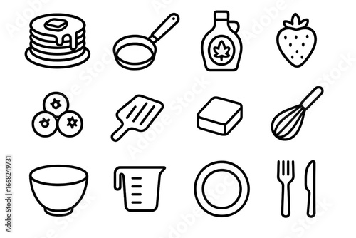 Pancake Icon Set. Outline icon set of making homemade pancakes with maple syrup and berries: pancake stack,