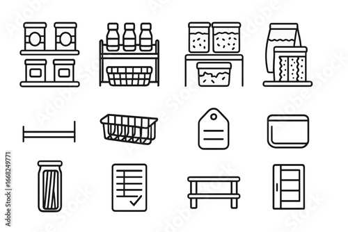 Pantry Organization Icons. Outline vector icons of organizing pantry shelves: canned goods, spice rack, dry