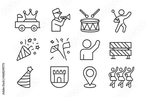 Parade Celebration Icons. Outline vector icons of parade and public celebration: parade float, marching band,