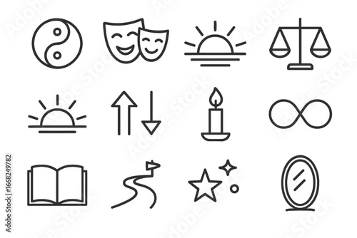 Paradox Icon Set. Outline icon set of paradox and duality: yin-yang, masks, scales, sunrise, sunset, two