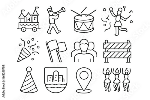 Parade Celebration Icons. Outline vector icons of parade and public celebration: parade float, marching band,