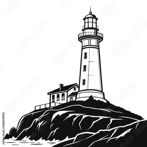 Ancient lighthouse on rocky cliff silhouette