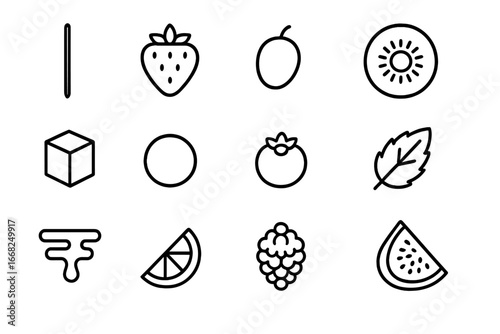 Party Fruit Skewers Icons. Outline icon set of party fruit skewers: skewer stick, strawberry, grape, kiwi