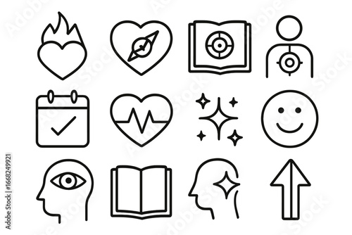 Passion and Purpose Icons. Outline icon set of passion and purpose: heart fire, compass heart, purpose book,