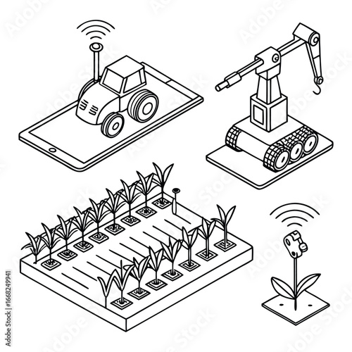Isometric line art of smart farming technology with tractor robot and plants agriculture automation