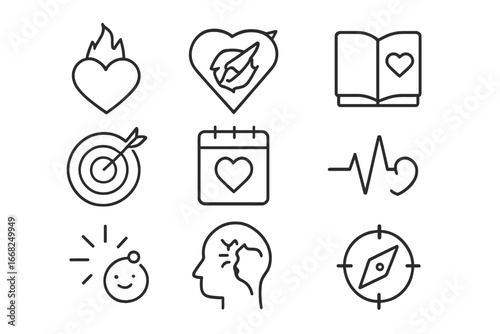 Passion and Purpose Icons. Outline icon set of passion and purpose: heart fire, compass heart, purpose book,