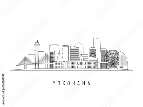 Detailed Yokohama skyline vector illustration. Yokohama buildings in line art style, perfect for modern designs.