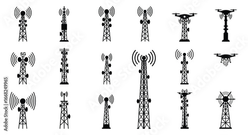 Collection of various cell tower and antenna illustrations in black and white