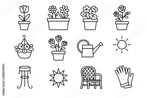 Patio Plant Icons. Outline icon set of flowering patio plants: potted tulip, daisy planter, geranium pot,