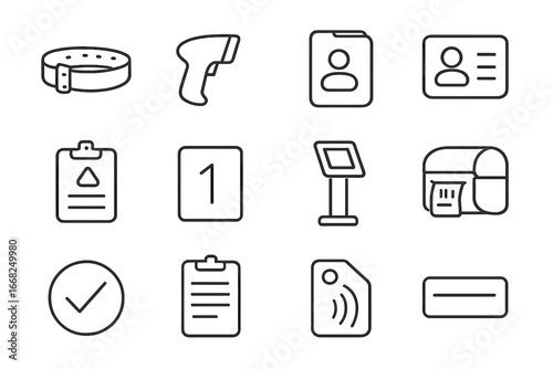 Patient Tracking Icons. Outline vector icons of patient identification and tracking: ID wristband, barcode