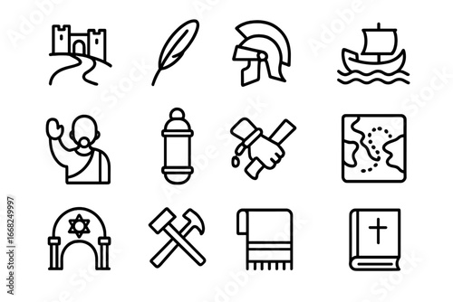 Paul's Mission Icon Set. Outline icon set of Paul the Apostle’s missions: road to Damascus, writing quill,