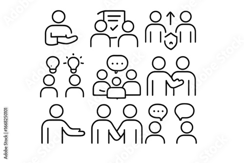 Peer Mentoring Icons. Outline icon set of peer mentoring: advice icon, shared notes, encouragement arrows,