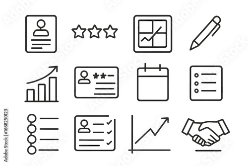 Performance Appraisal Icons. Outline icon set of performance appraisal: appraisal sheet, rating stars,