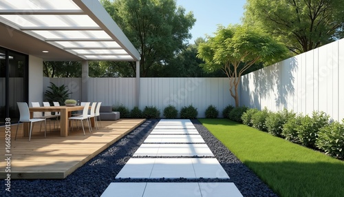 Wallpaper Mural Modern backyard features wooden deck with dining set, outdoor seating area, stone pathway. Rich green lawn, manicured bushes, mature trees create serene landscape. White fence borders property, Torontodigital.ca