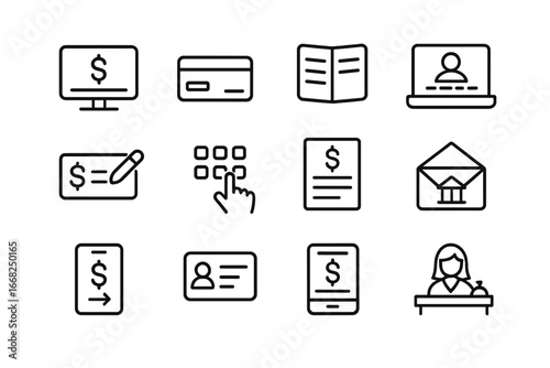 Personal Banking Icons. Outline icon set of personal banking services: account balance, debit card, passbook,