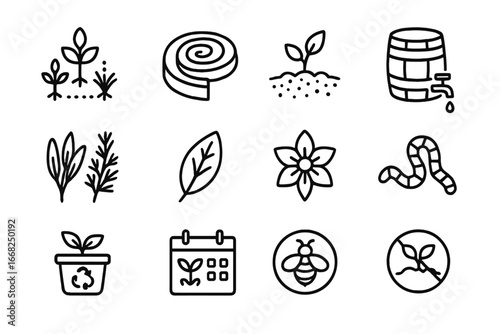 Permaculture Herb Icons. Outline icon set of permaculture herbs: companion plant icon, spiral garden, mulch