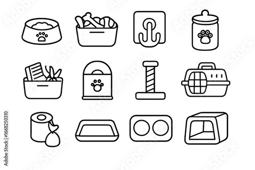 Pet Clutter Icons Grid. Outline icon set of pet clutter control: food bowl, toy basket, leash hook, treat jar,