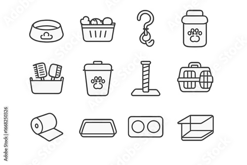 Pet Clutter Icons Grid. Outline icon set of pet clutter control: food bowl, toy basket, leash hook, treat jar,
