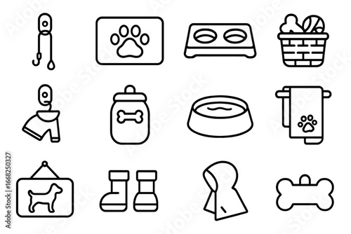 Pet Entryway Icons. Outline icon set of entryway pet corner: leash hook, paw mat, feeding tray, toy basket,