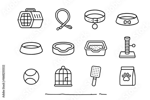 Pet Relocation Essentials. Outline icon set of pet relocation items: pet carrier, leash, collar, food bowl,