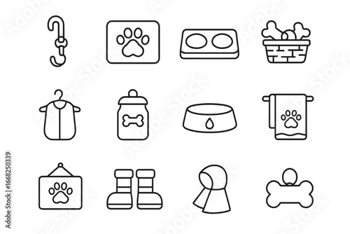 Pet Entryway Icons. Outline icon set of entryway pet corner: leash hook, paw mat, feeding tray, toy basket,
