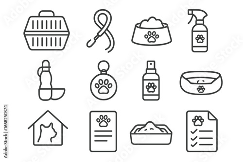 Pet Travel Essentials. Outline icon set of moving with pets: pet carrier, leash, food bowl, travel water, ID