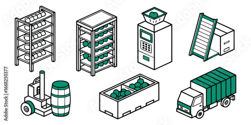 Isometric illustration of warehouse and logistics equipment with green accents storage transport