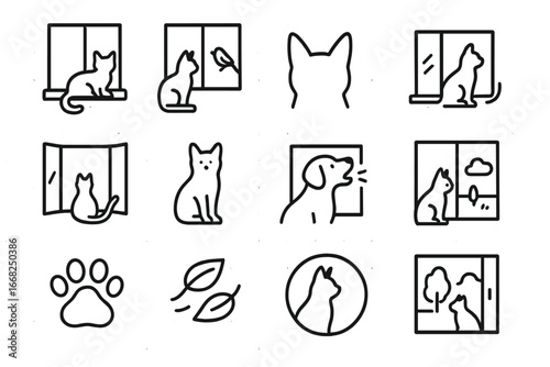 Pet Window Icons. Outline icon set of pets watching outside: window perch, bird outside, curious ears, tail