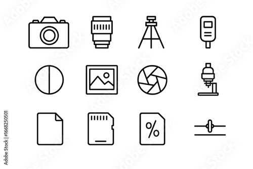 Photography Icon Set. Outline icon set of black and white photography: camera, lens, tripod, light meter,