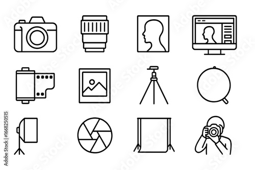 Photography Icon Set. Outline icon set of artistic black and white photography: camera, lens, portrait