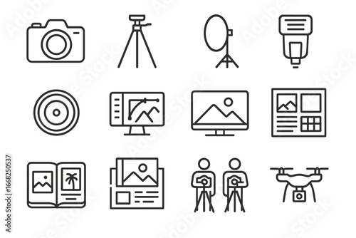 Photography Icon Set. Outline icon set of photography collaboration: camera, tripod, light reflector, flash,