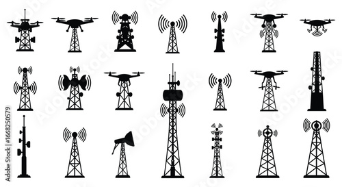 Collection of various cell tower and antenna silhouettes for communication infrastructure