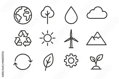 Planetary Icon Set. Outline icon set of planetary boundaries and cycles: globe, tree, water drop, cloud,