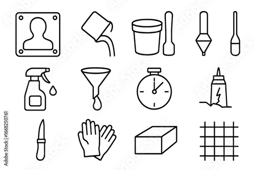 Plaster Casting Icons. Outline icon set of plaster casting process: mold frame, liquid plaster, mixing bucket,