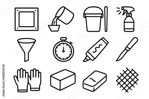 Plaster Casting Icons. Outline icon set of plaster casting process: mold frame, liquid plaster, mixing bucket,