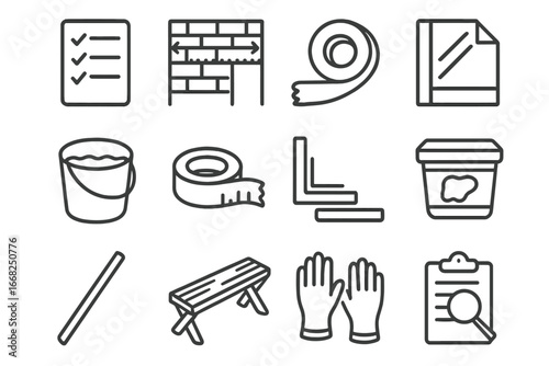 Plastering Preparation Icons. Outline icon set of plastering job preparation: material checklist, wall
