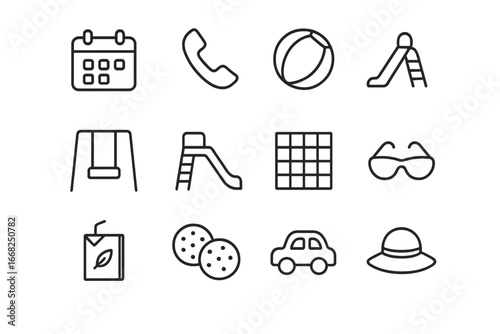 Playdate Icon Set. Outline icon set of organizing playdates: calendar, phone, ball, swing, slides, picnic