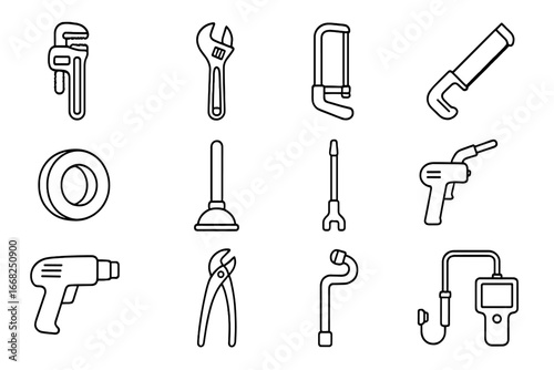 Plumbing Tools Icons. Outline icon set of plumbing tools: pipe wrench, adjustable spanner, hacksaw, pipe