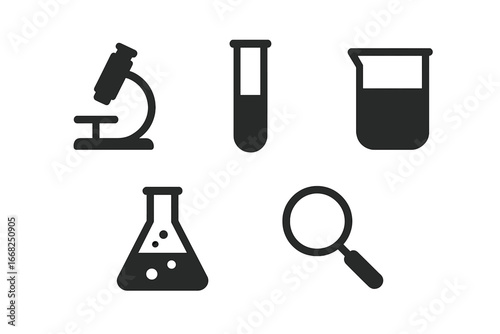 Scientific laboratory equipment icons: microscope, test tubes, beaker, flask, magnifying glass on white