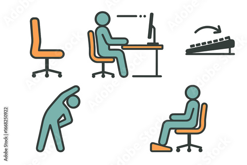 Person stretching at desk with computer, promoting healthy posture and workplace wellness