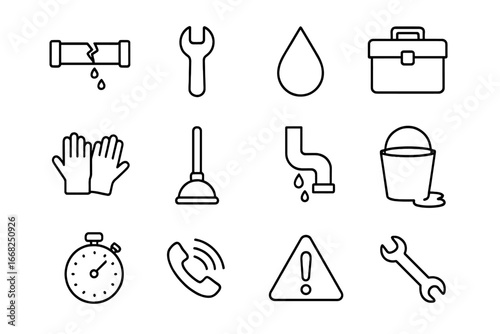 Plumbing Repair Icons. Outline icon set of urgent plumbing repair: broken pipe, wrench, water drop, toolbox,