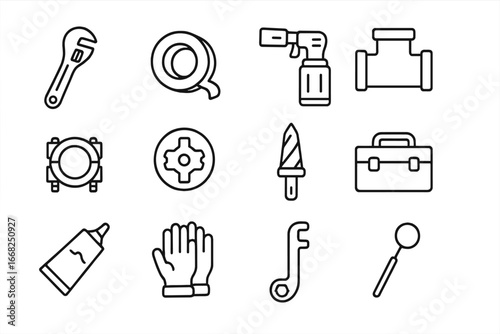 Plumbing Tools Icons. Outline icon set of pipe maintenance tools: adjustable wrench, sealing tape, plumber