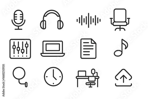 Podcast Icon Set. Outline icon set of podcast interviews: microphone, headphones, waveform, guest chair, mixer