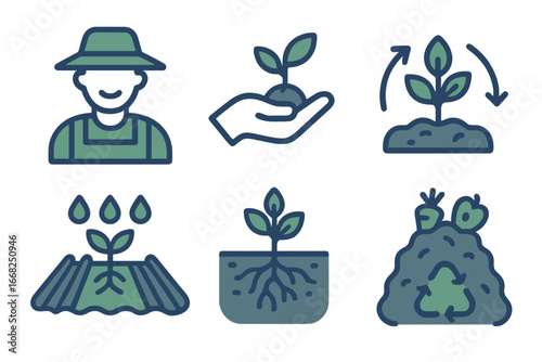 Gardening icons showing plant growth, farming, watering, and composting with recycling symbol