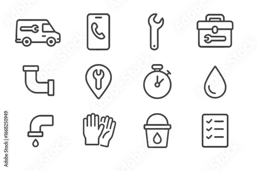 Plumber Service Icons. Outline icon set of mobile plumber service: van, phone, wrench, toolbox, pipe, location