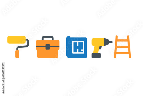 Construction and renovation tools: paint roller, toolbox, blueprint, drill, ladder