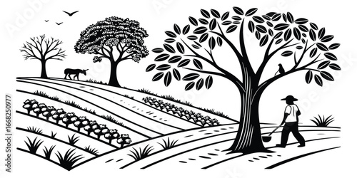 Farmer tending crops in a field with trees and a cow under a sky with birds agriculture