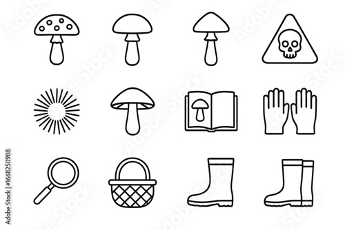 Poisonous Mushroom Icons. Outline icon set of poisonous mushrooms to avoid: fly agaric, death cap, destroying